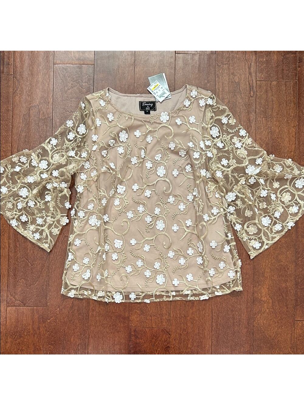 Evening by ECI Beige Floral Embroidered Lace Blouse, Bell Sleeves, Size Med, NWT